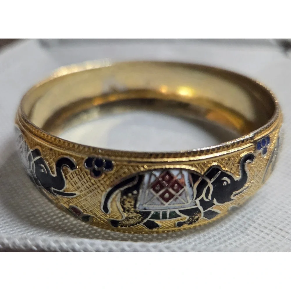 Vintage Cloisonne Gold Tone‎ Enamel Elephant Bangle Bracelet Multi Color